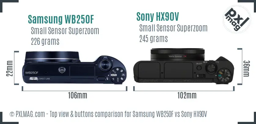 Samsung WB250F vs Sony HX90V top view buttons comparison