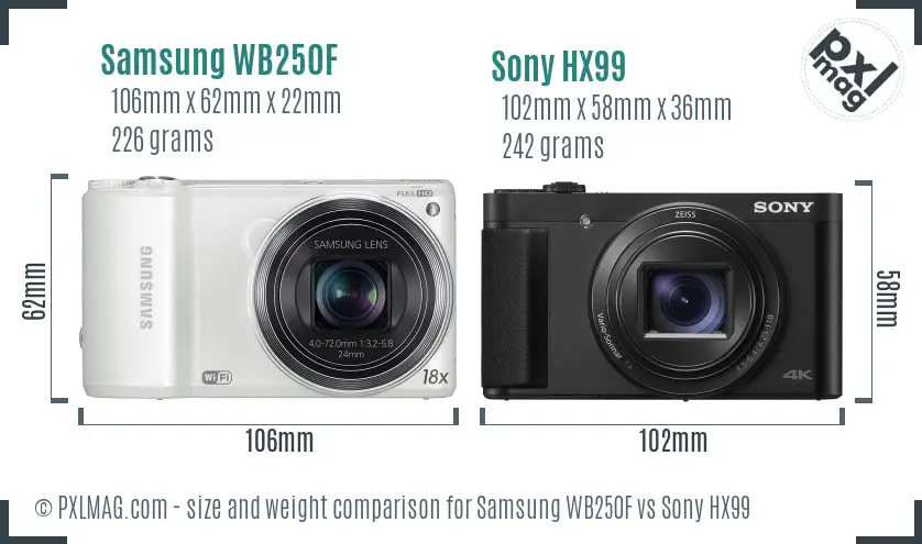 Samsung WB250F vs Sony HX99 size comparison