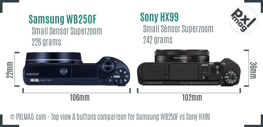 Samsung WB250F vs Sony HX99 top view buttons comparison
