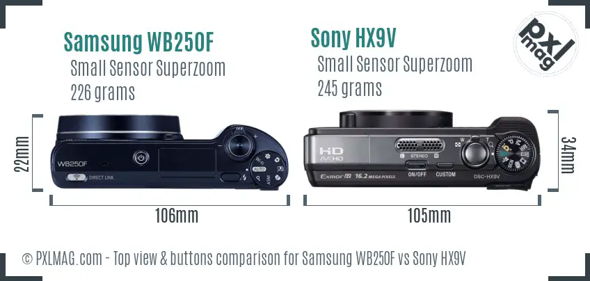 Samsung WB250F vs Sony HX9V top view buttons comparison