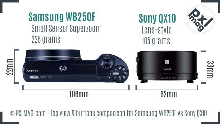 Samsung WB250F vs Sony QX10 top view buttons comparison