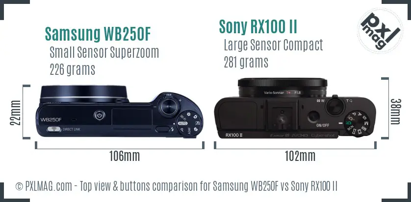 Samsung WB250F vs Sony RX100 II top view buttons comparison