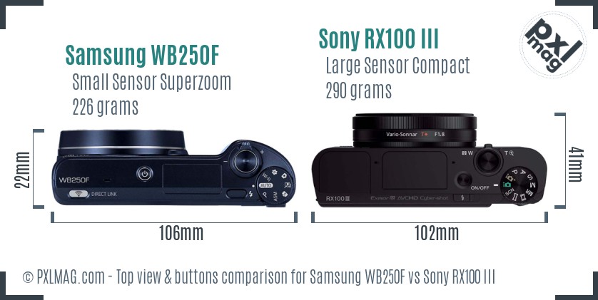 Samsung WB250F vs Sony RX100 III top view buttons comparison