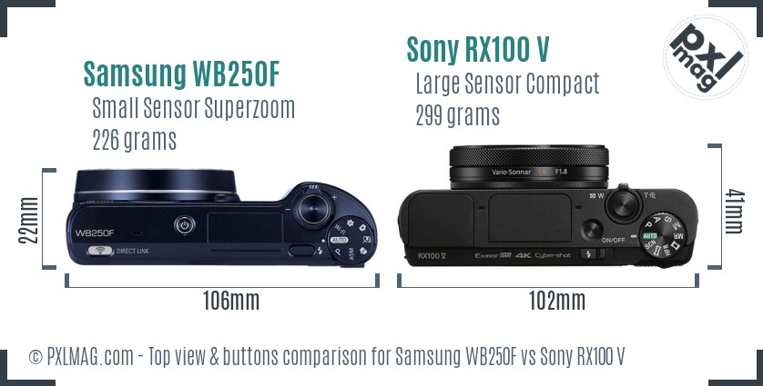 Samsung WB250F vs Sony RX100 V top view buttons comparison
