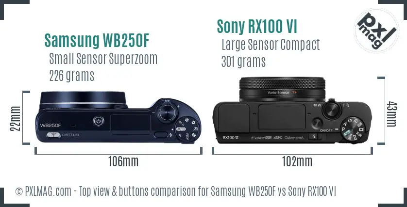 Samsung WB250F vs Sony RX100 VI top view buttons comparison