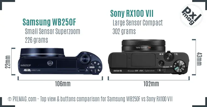 Samsung WB250F vs Sony RX100 VII top view buttons comparison