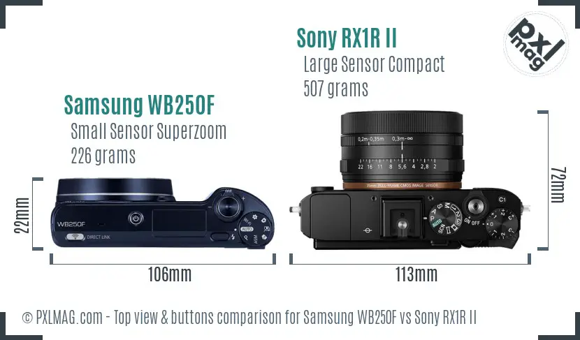 Samsung WB250F vs Sony RX1R II top view buttons comparison Samsung WB250F vs Sony RX1R II top view buttons comparison