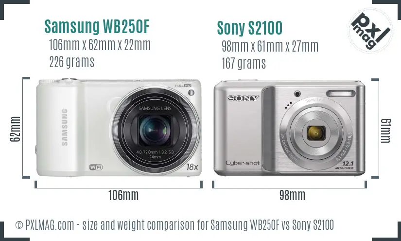 Samsung WB250F vs Sony S2100 size comparison