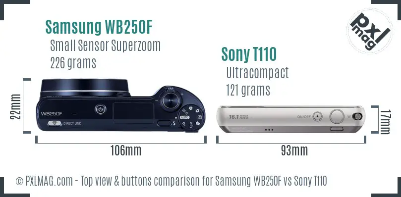 Samsung WB250F vs Sony T110 top view buttons comparison Samsung WB250F vs Sony T110 top view buttons comparison