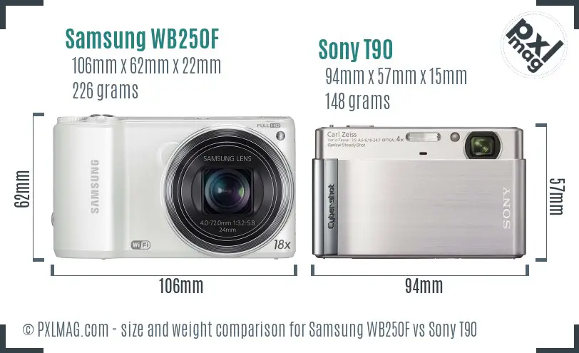 Samsung WB250F vs Sony T90 size comparison