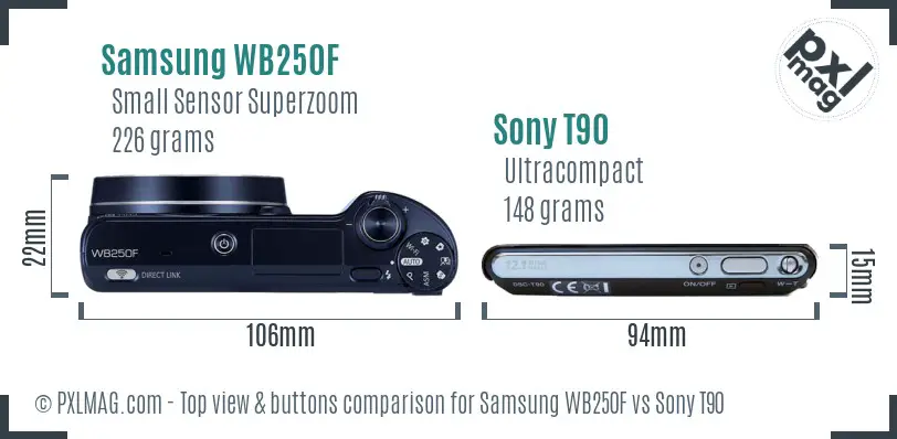 Samsung WB250F vs Sony T90 top view buttons comparison