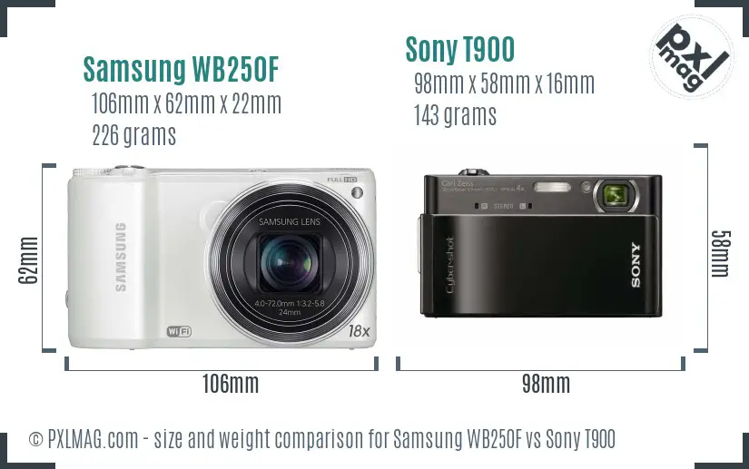 Samsung WB250F vs Sony T900 size comparison
