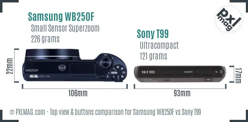 Samsung WB250F vs Sony T99 top view buttons comparison