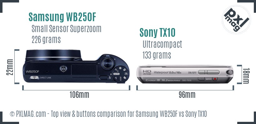 Samsung WB250F vs Sony TX10 top view buttons comparison