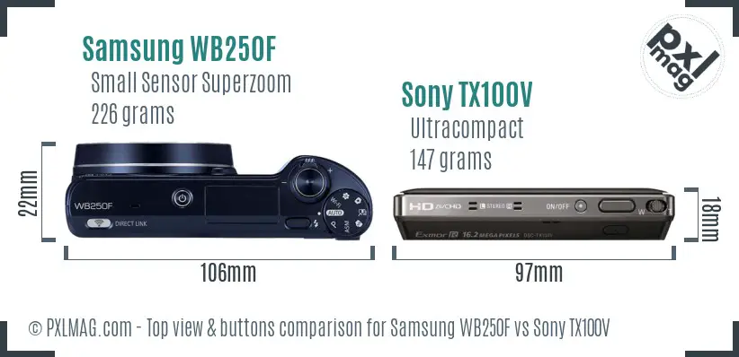 Samsung WB250F vs Sony TX100V top view buttons comparison