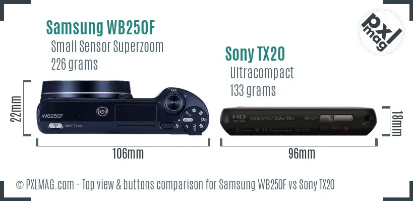 Samsung WB250F vs Sony TX20 top view buttons comparison