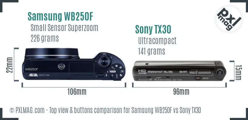 Samsung WB250F vs Sony TX30 top view buttons comparison