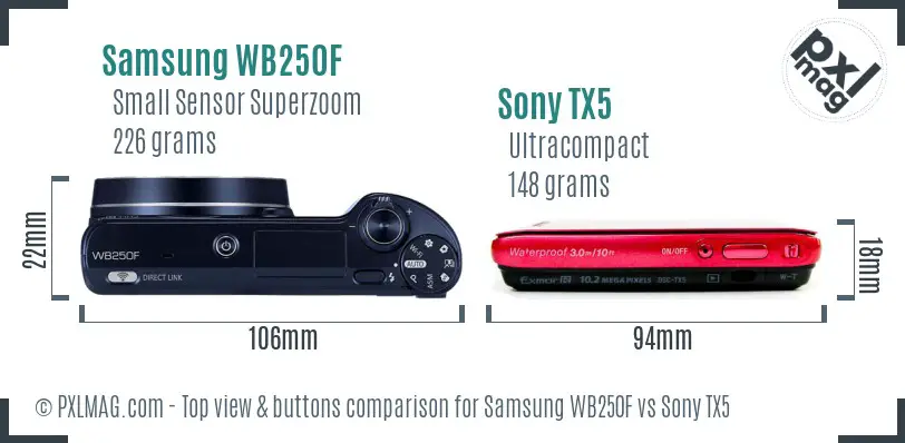 Samsung WB250F vs Sony TX5 top view buttons comparison