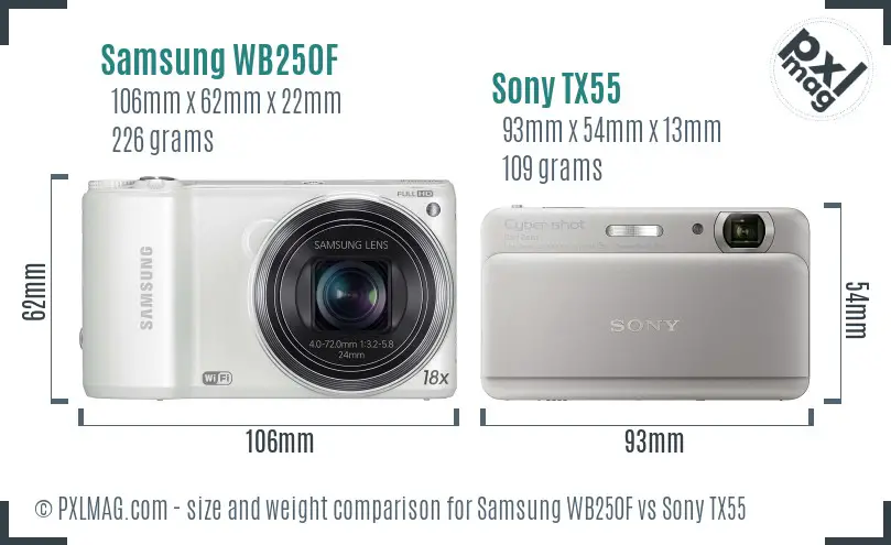 Samsung WB250F vs Sony TX55 size comparison