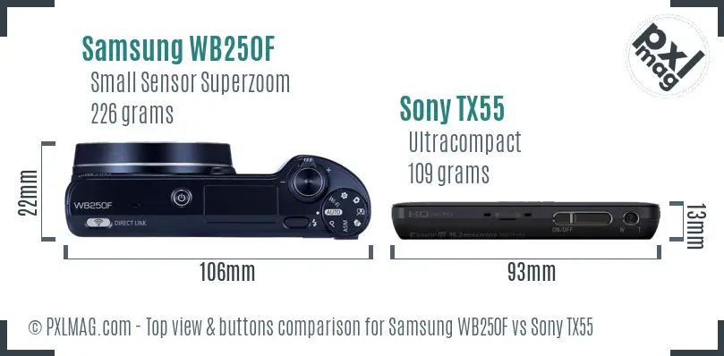 Samsung WB250F vs Sony TX55 top view buttons comparison