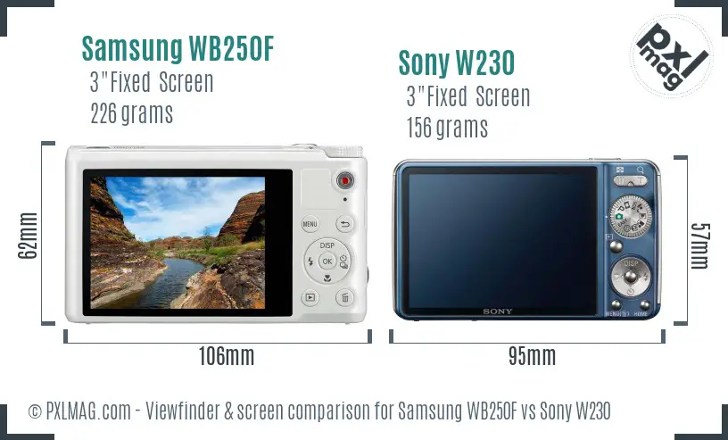 Samsung WB250F vs Sony W230 Screen and Viewfinder comparison