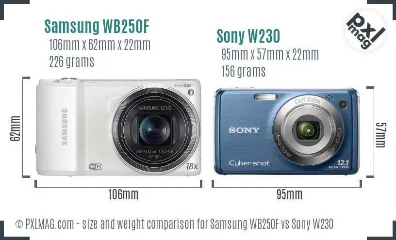 Samsung WB250F vs Sony W230 size comparison