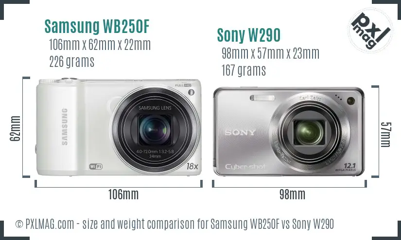 Samsung WB250F vs Sony W290 size comparison