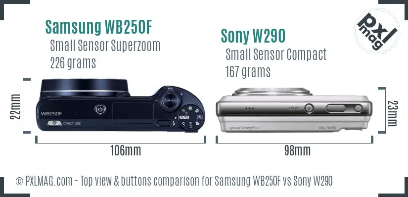 Samsung WB250F vs Sony W290 top view buttons comparison Samsung WB250F vs Sony W290 top view buttons comparison