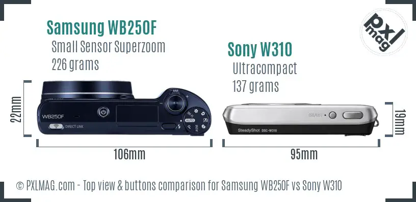 Samsung WB250F vs Sony W310 top view buttons comparison