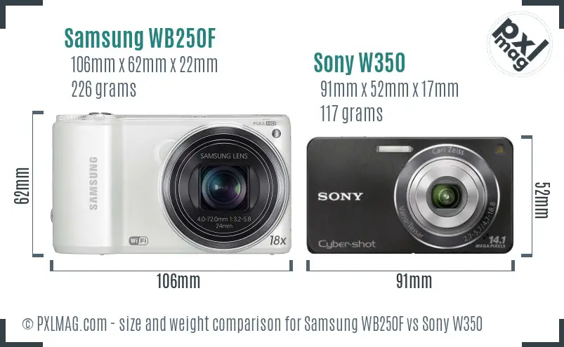 Samsung WB250F vs Sony W350 size comparison