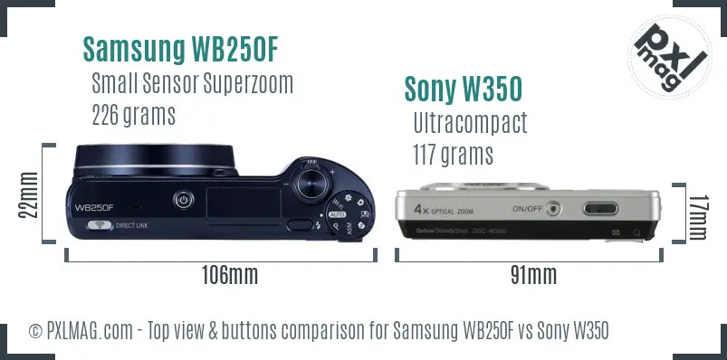 Samsung WB250F vs Sony W350 top view buttons comparison