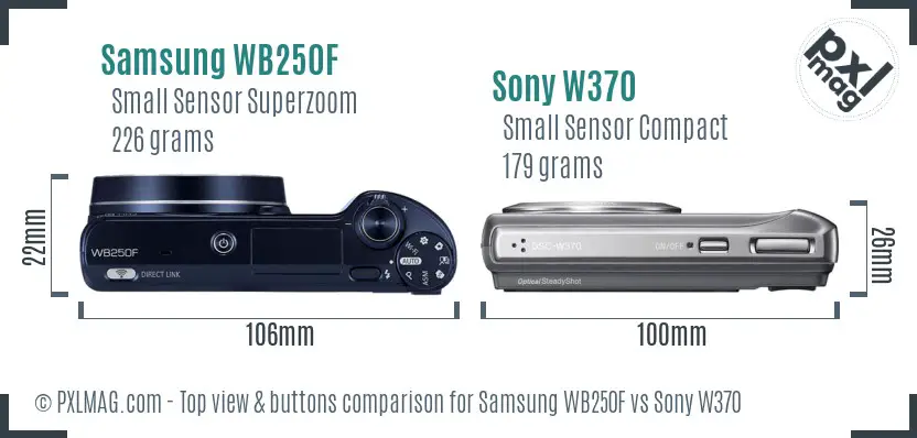 Samsung WB250F vs Sony W370 top view buttons comparison