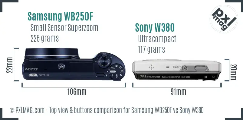 Samsung WB250F vs Sony W380 top view buttons comparison Samsung WB250F vs Sony W380 top view buttons comparison
