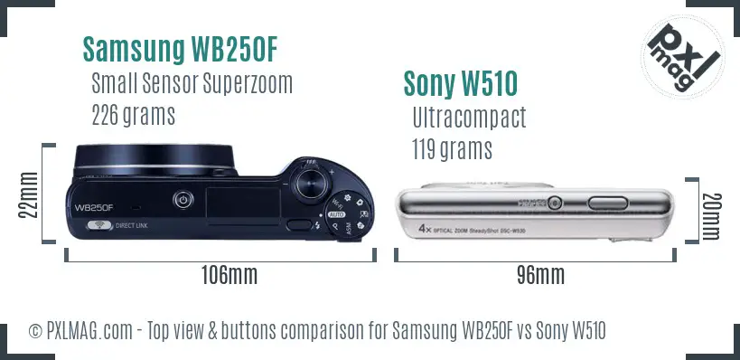 Samsung WB250F vs Sony W510 top view buttons comparison