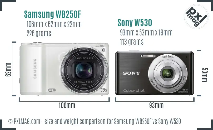 Samsung WB250F vs Sony W530 size comparison