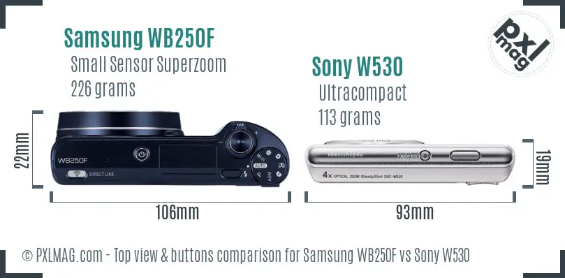 Samsung WB250F vs Sony W530 top view buttons comparison