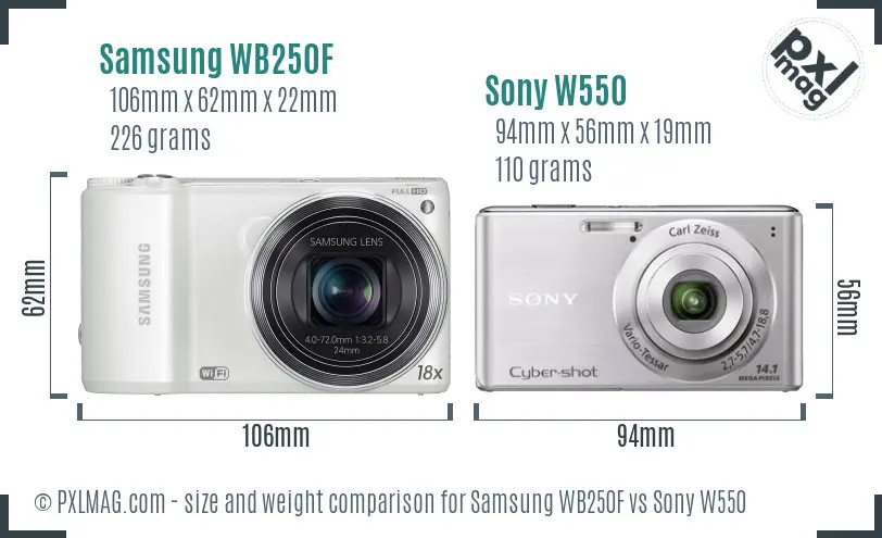 Samsung WB250F vs Sony W550 size comparison