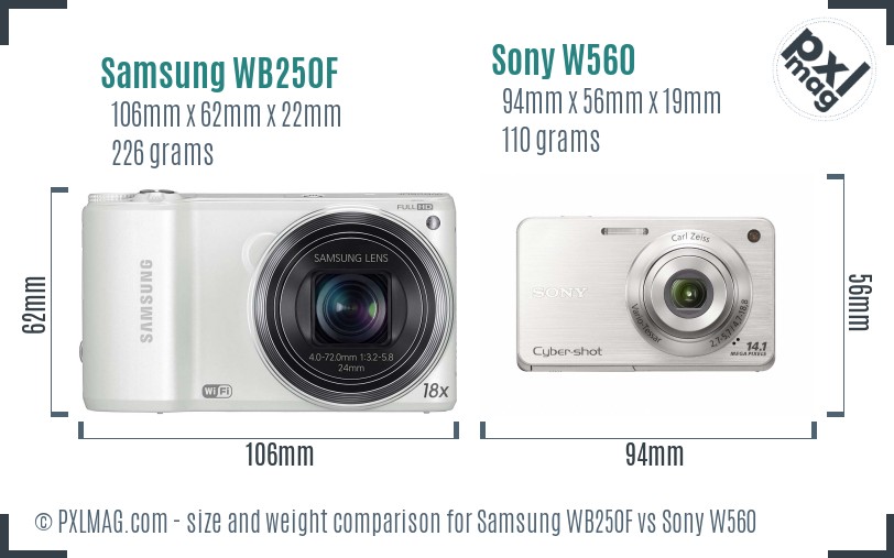 Samsung WB250F vs Sony W560 size comparison