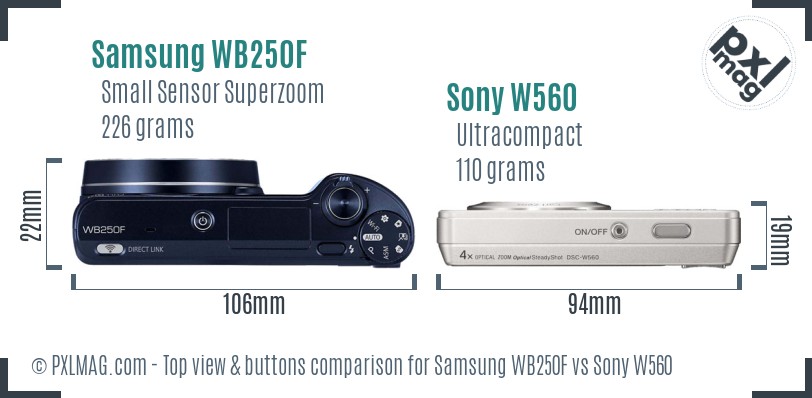 Samsung WB250F vs Sony W560 top view buttons comparison