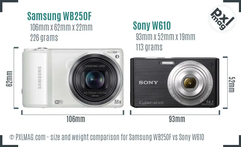 Samsung WB250F vs Sony W610 size comparison