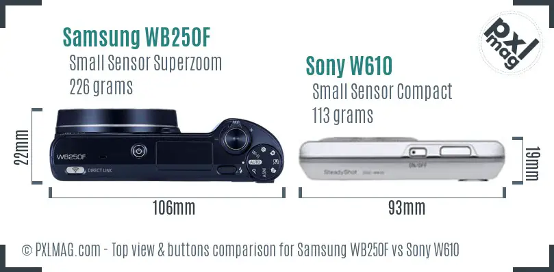 Samsung WB250F vs Sony W610 top view buttons comparison