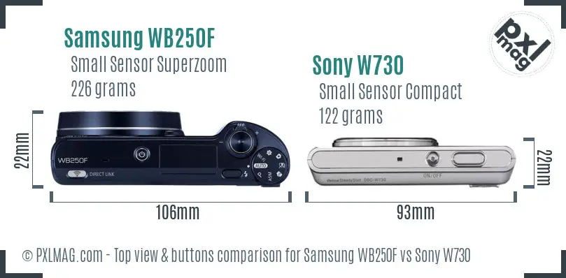 Samsung WB250F vs Sony W730 top view buttons comparison Samsung WB250F vs Sony W730 top view buttons comparison