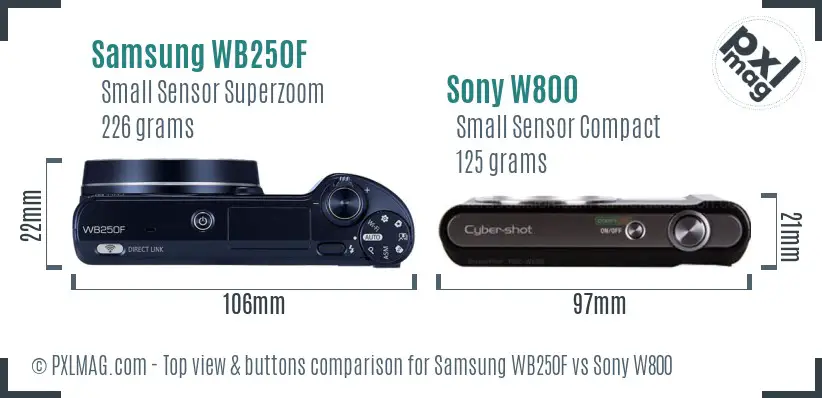 Samsung WB250F vs Sony W800 top view buttons comparison