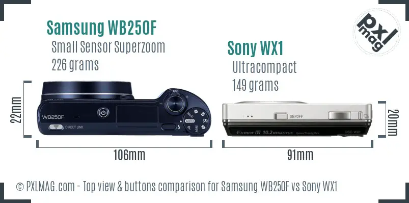 Samsung WB250F vs Sony WX1 top view buttons comparison