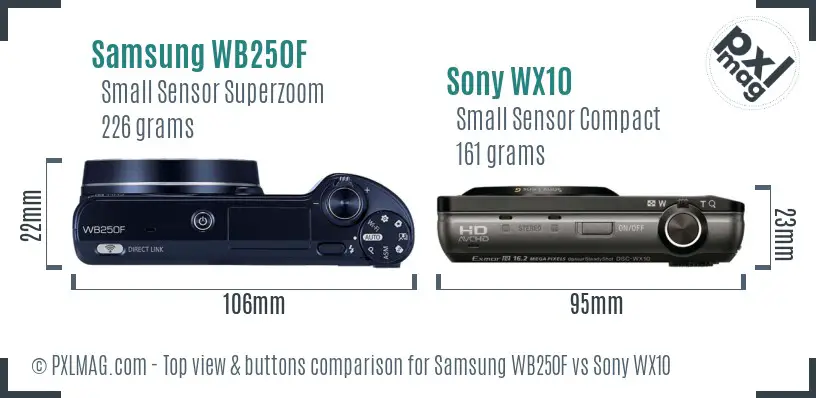 Samsung WB250F vs Sony WX10 top view buttons comparison