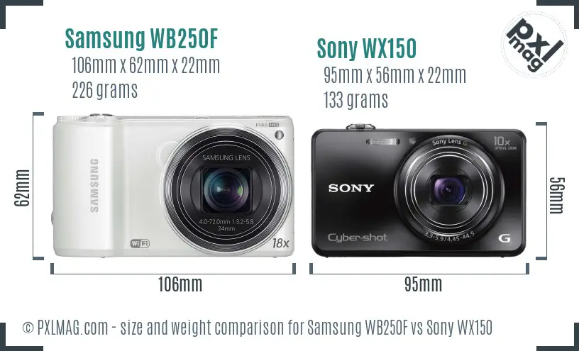 Samsung WB250F vs Sony WX150 size comparison
