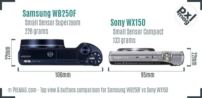 Samsung WB250F vs Sony WX150 top view buttons comparison