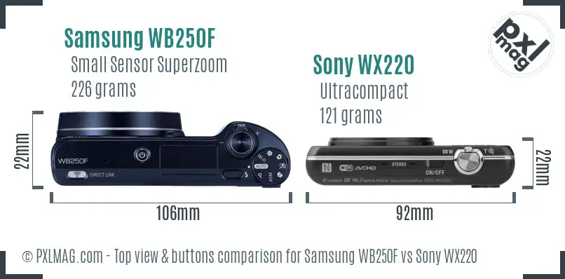 Samsung WB250F vs Sony WX220 top view buttons comparison