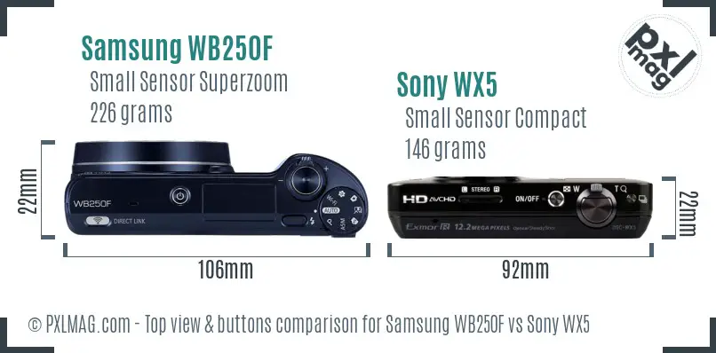 Samsung WB250F vs Sony WX5 top view buttons comparison Samsung WB250F vs Sony WX5 top view buttons comparison
