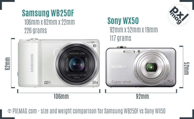 Samsung WB250F vs Sony WX50 size comparison